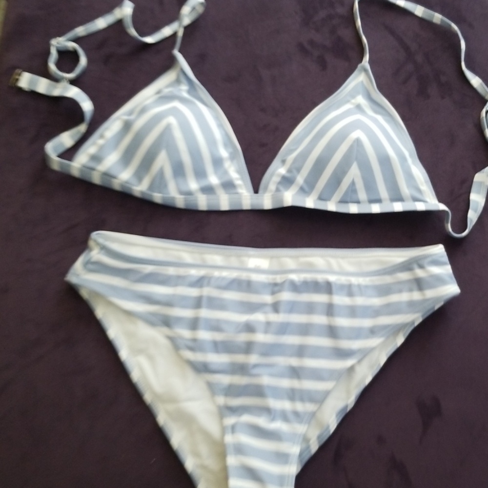 White/Baby Blue Striped Bikini